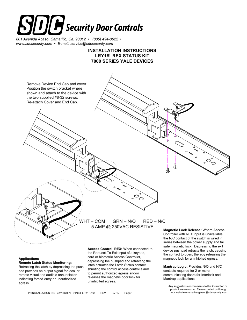 SDC LRY1R REX STATUS KIT 7000 SERIES YALE DEVICES User Manual | 1 page