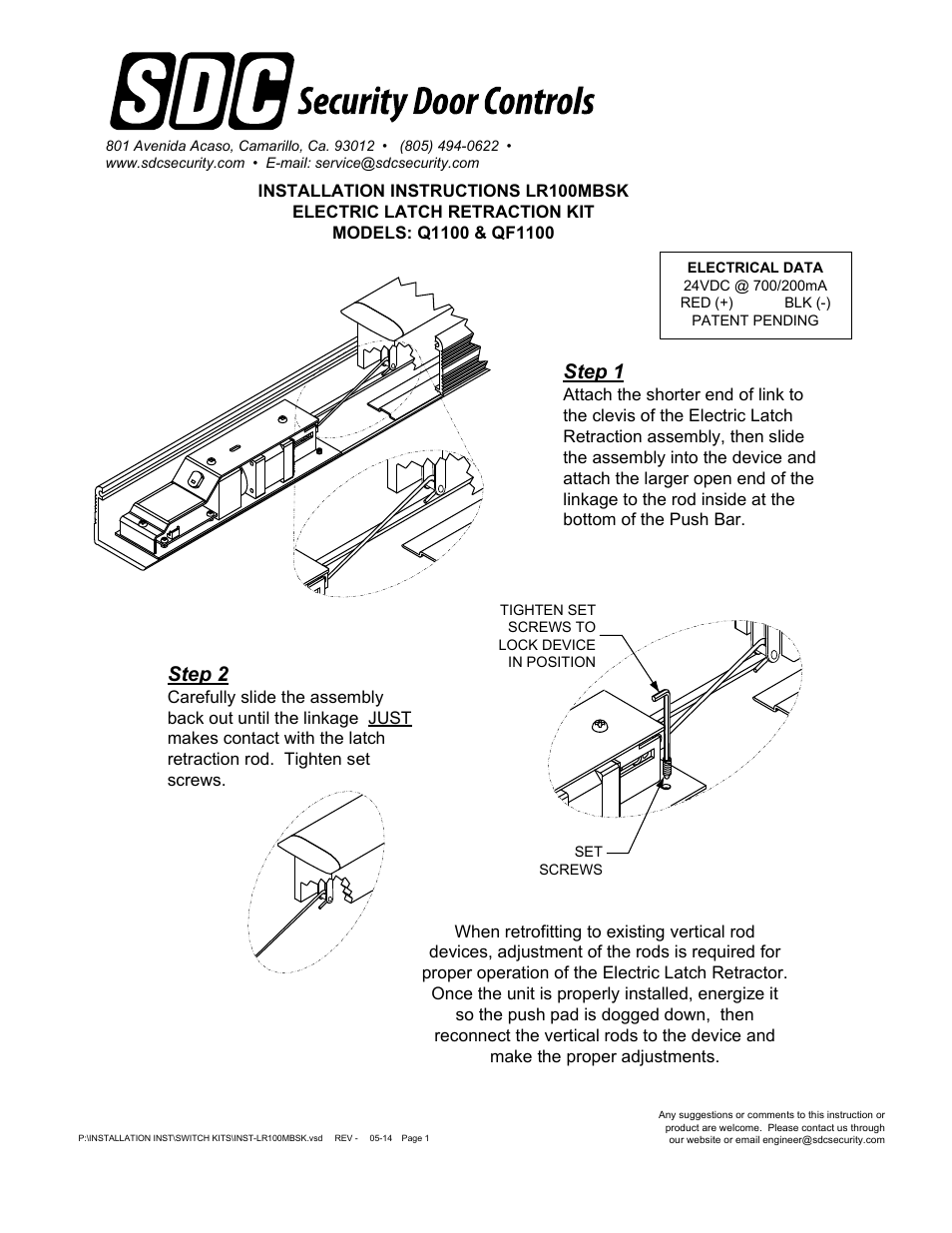 SDC LR100MBSK ELECTRIC LATCH RETRACTION KIT Q1100, QF1100 User Manual | 1 page