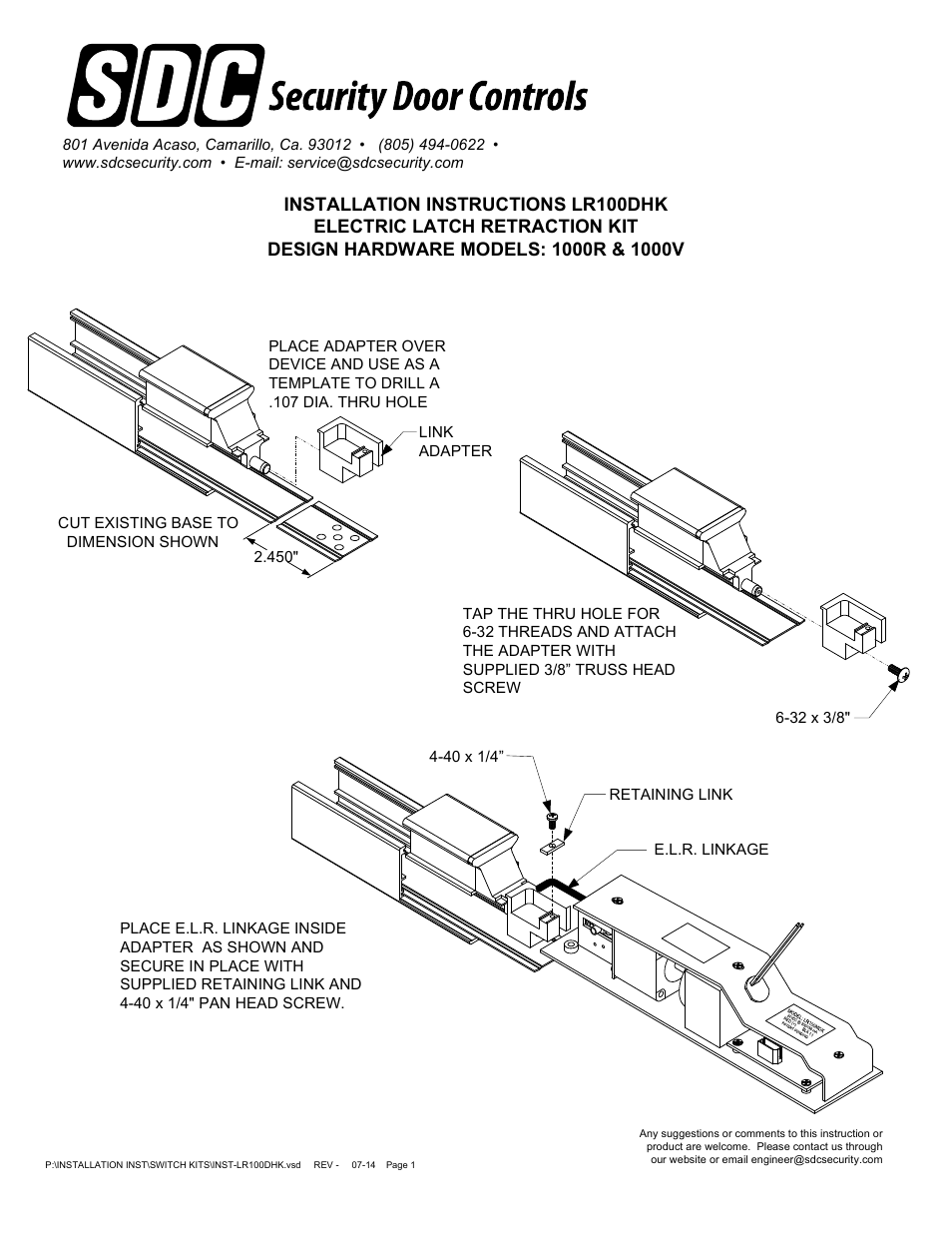 SDC LR100DHK ELECTRIC LATCH RETRACTION KIT DESIGN HARDWARE 1000R, 1000V User Manual | 2 pages