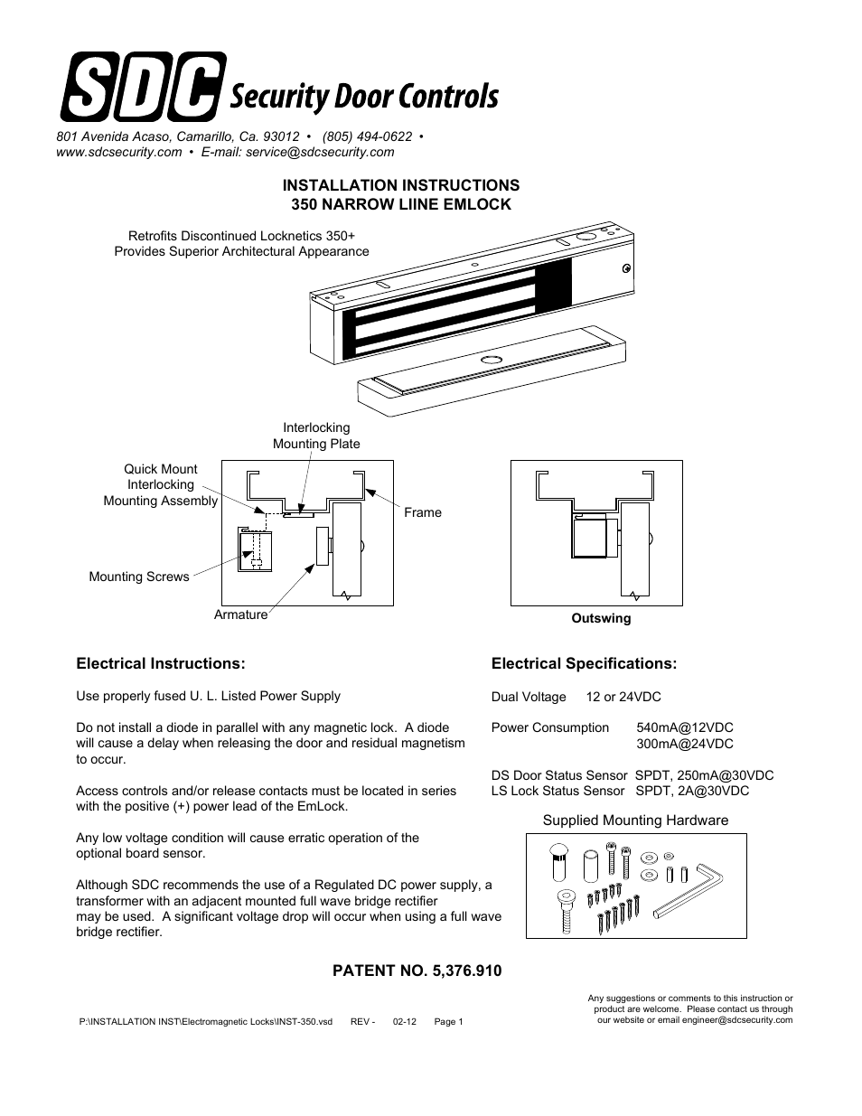 SDC 350 NARROW LIINE EMLOCK User Manual | 6 pages