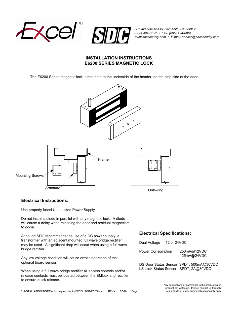 SDC E6200 SERIES MAGNETIC LOCK User Manual | 4 pages