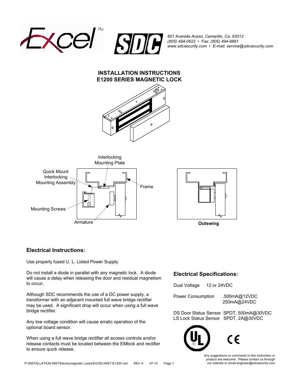 SDC E1200 SERIES MAGNETIC LOCK User Manual | 4 pages