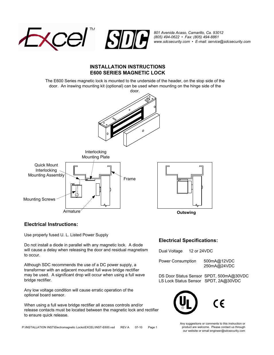 SDC E600 SERIES MAGNETIC LOCK User Manual | 4 pages