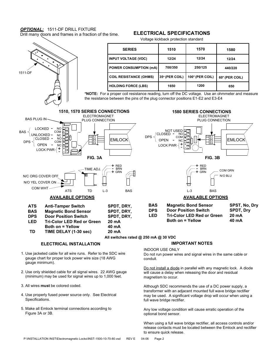 Electrical specifications | SDC 1580 SERIES EMLOCK User Manual | Page 2 / 4