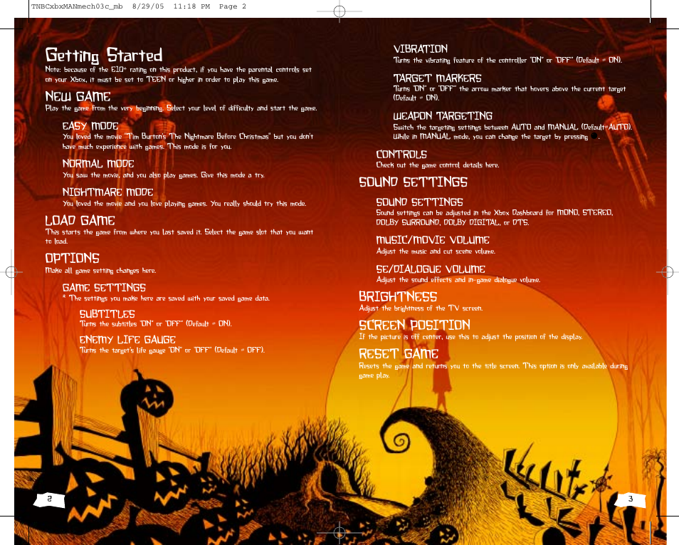 Getting started, New game, Load game | Options, Sound settings, Brightness, Screen position, Reset game | Disney Interactive Studios The Nightmare Before Christmas: Oogie's Revenge User Manual | Page 2 / 10