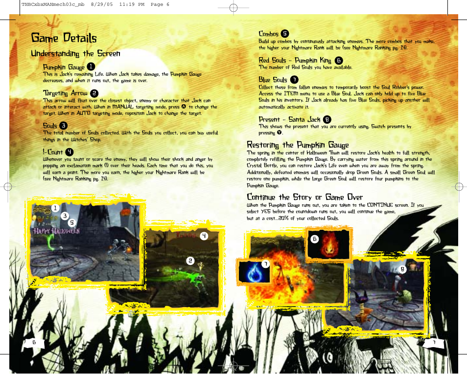 Game details, Restoring the pumpkin gauge, Continue the story or game over | Understanding the screen | Disney Interactive Studios The Nightmare Before Christmas: Oogie's Revenge User Manual | Page 4 / 10