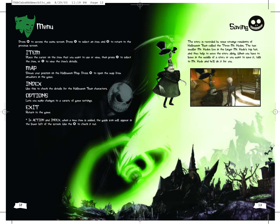 Menu saving, Item, Index | Options, Exit | Disney Interactive Studios The Nightmare Before Christmas: Oogie's Revenge User Manual | Page 7 / 10