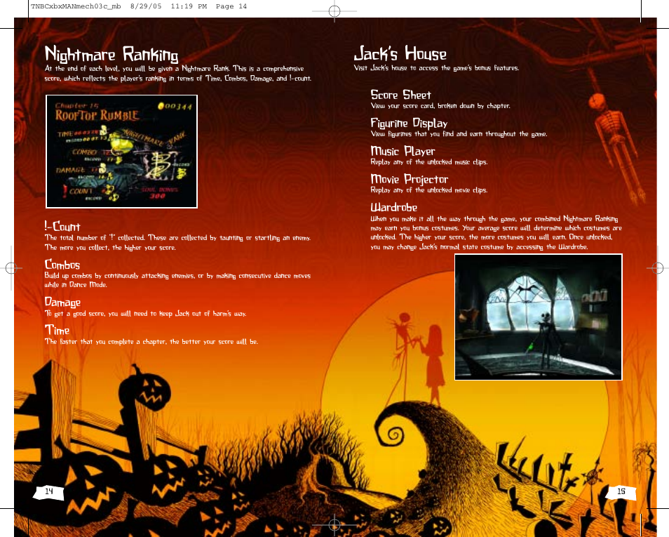 Nightmare ranking, Jack’s house, Count | Combos, Damage, Time, Score sheet, Figurine display, Music player, Movie projector | Disney Interactive Studios The Nightmare Before Christmas: Oogie's Revenge User Manual | Page 8 / 10