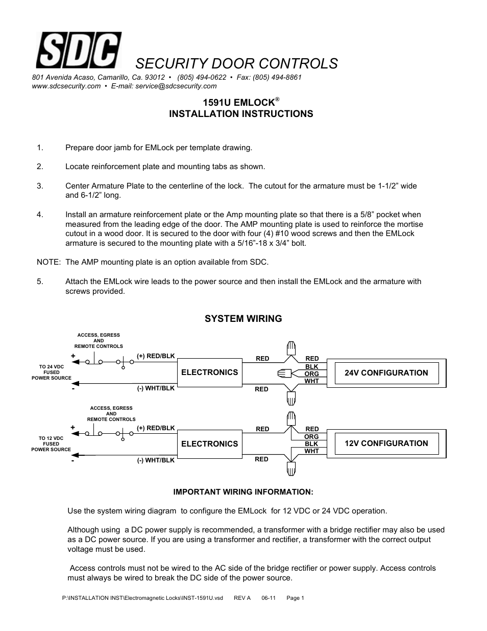 SDC 1591U EMLOCK User Manual | 2 pages