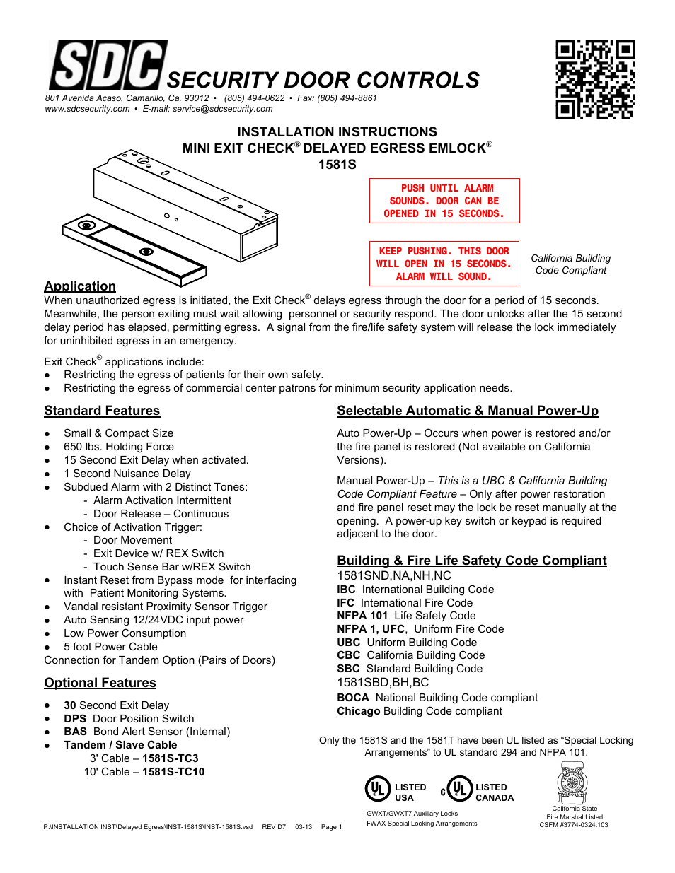 SDC 1581S MINI EXIT CHECK DELAYED EGRESS EMLOCK User Manual | 10 pages