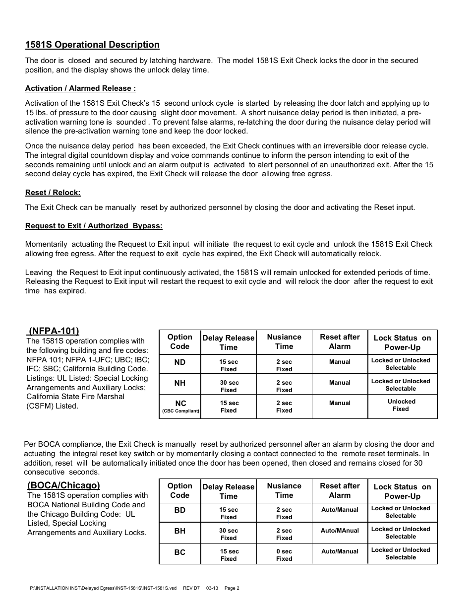 1581s operational description, Boca/chicago), Nfpa-101) | SDC 1581S MINI EXIT CHECK DELAYED EGRESS EMLOCK User Manual | Page 2 / 10