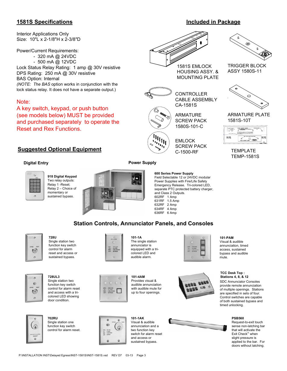 Included in package, Suggested optional equipment, Station controls, annunciator panels, and consoles | 1581s specifications | SDC 1581S MINI EXIT CHECK DELAYED EGRESS EMLOCK User Manual | Page 3 / 10
