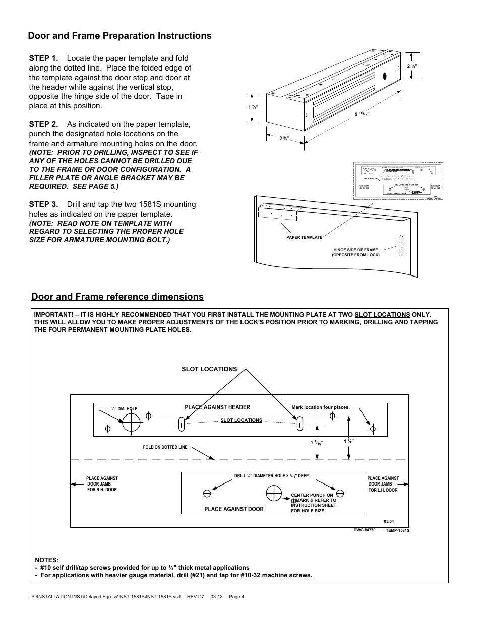 Door and frame reference dimensions, Door and frame preparation instructions | SDC 1581S MINI EXIT CHECK DELAYED EGRESS EMLOCK User Manual | Page 4 / 10