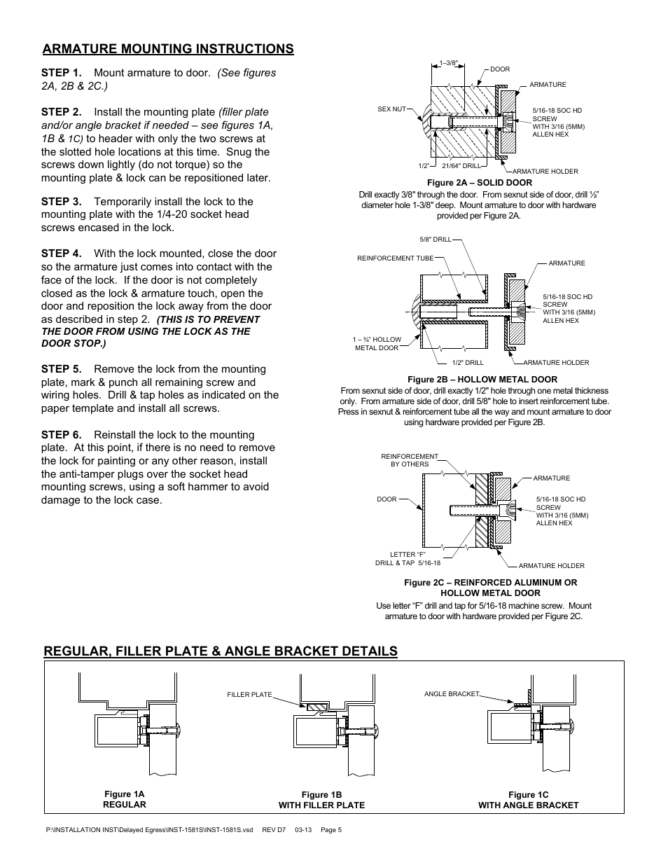 Armature mounting instructions, Regular, filler plate & angle bracket details | SDC 1581S MINI EXIT CHECK DELAYED EGRESS EMLOCK User Manual | Page 5 / 10