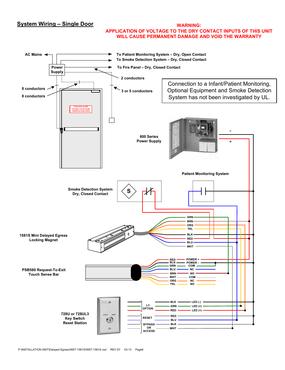 System wiring – single door | SDC 1581S MINI EXIT CHECK DELAYED EGRESS EMLOCK User Manual | Page 6 / 10