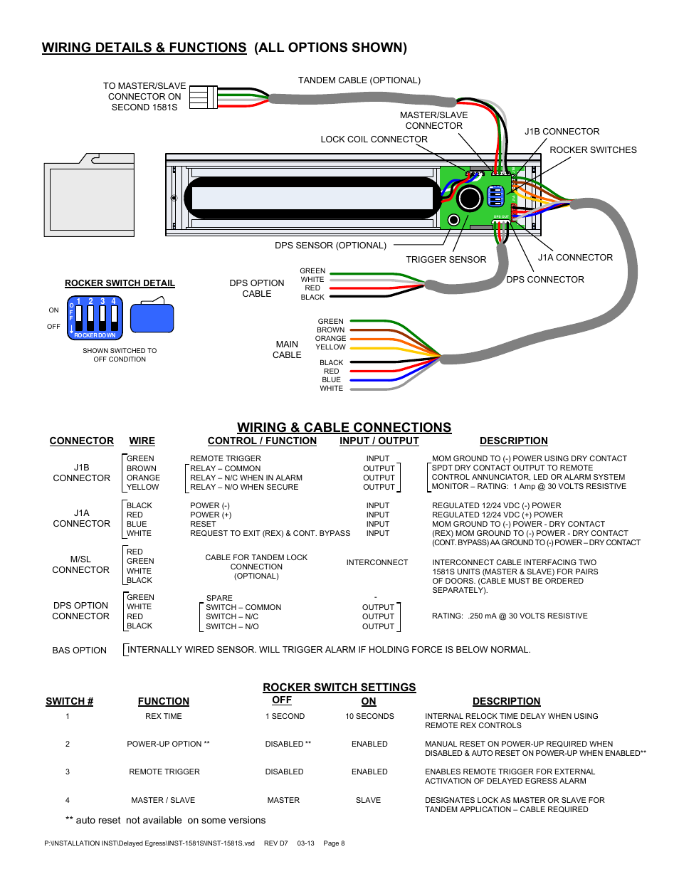 Wiring details & functions (all options shown), Wiring & cable connections, Rocker switch settings | Connector input / output, Description control / function, Wire | SDC 1581S MINI EXIT CHECK DELAYED EGRESS EMLOCK User Manual | Page 8 / 10