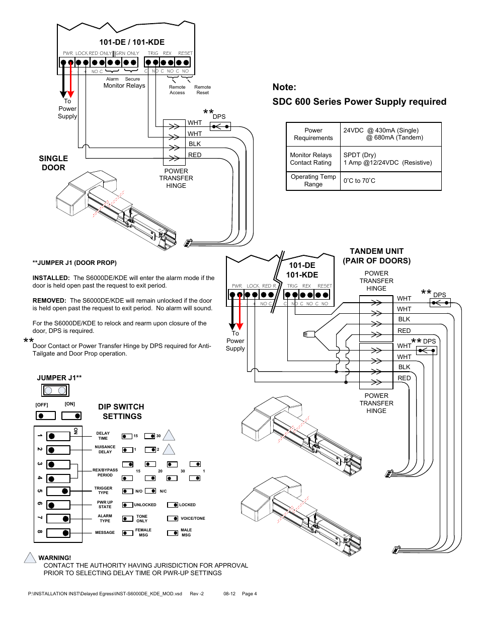 Sdc 600 series power supply required | SDC S6000KDE DELAYED EGRESS DEVICE User Manual | Page 4 / 11