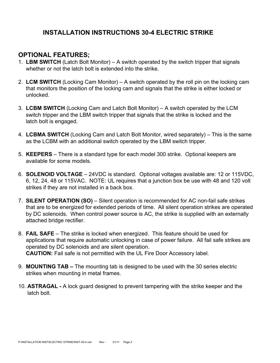 Optional features, Installation instructions 30-4 electric strike | SDC 30-4 ELECTRIC STRIKE User Manual | Page 2 / 6