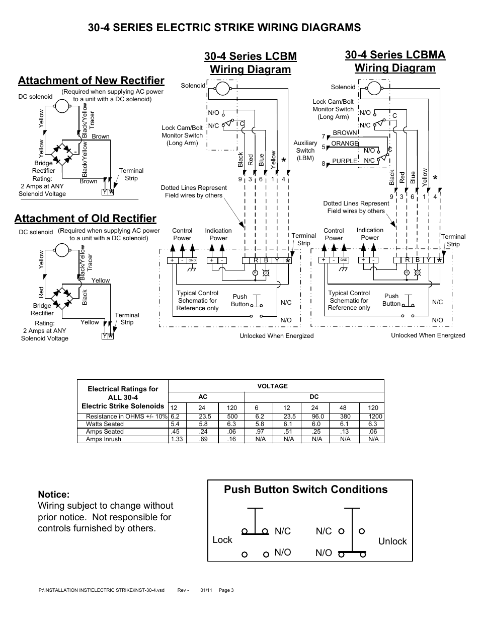 4 series electric strike wiring diagrams, Attachment of new rectifier, Attachment of old rectifier | Push button switch conditions, N/c n/o lock n/c n/o unlock | SDC 30-4 ELECTRIC STRIKE User Manual | Page 3 / 6