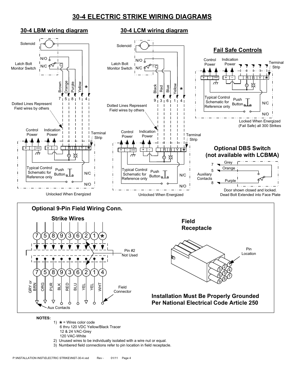 4 electric strike wiring diagrams, Fail safe controls, Optional dbs switch (not available with lcbma) | 4 lbm wiring diagram, 4 lcm wiring diagram, Field receptacle | SDC 30-4 ELECTRIC STRIKE User Manual | Page 4 / 6