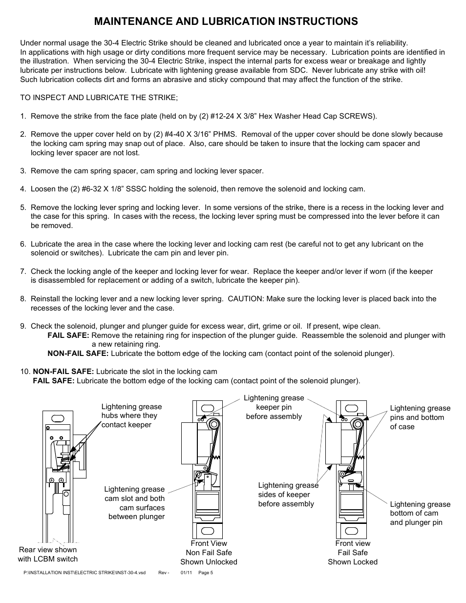 Maintenance and lubrication instructions | SDC 30-4 ELECTRIC STRIKE User Manual | Page 5 / 6