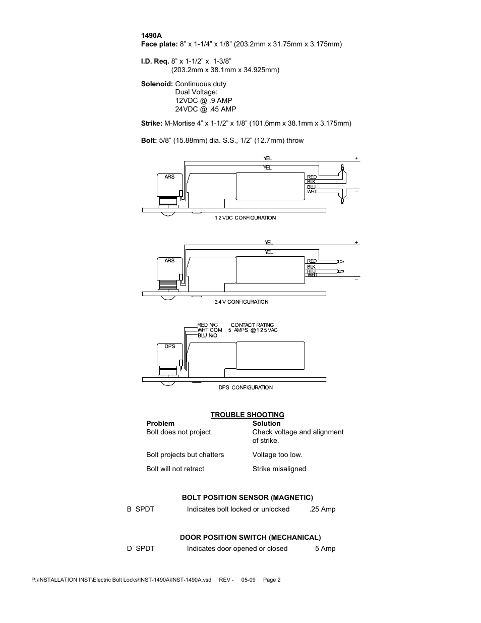 SDC 1490A Bolt Lock, Super Narrow User Manual | Page 2 / 2