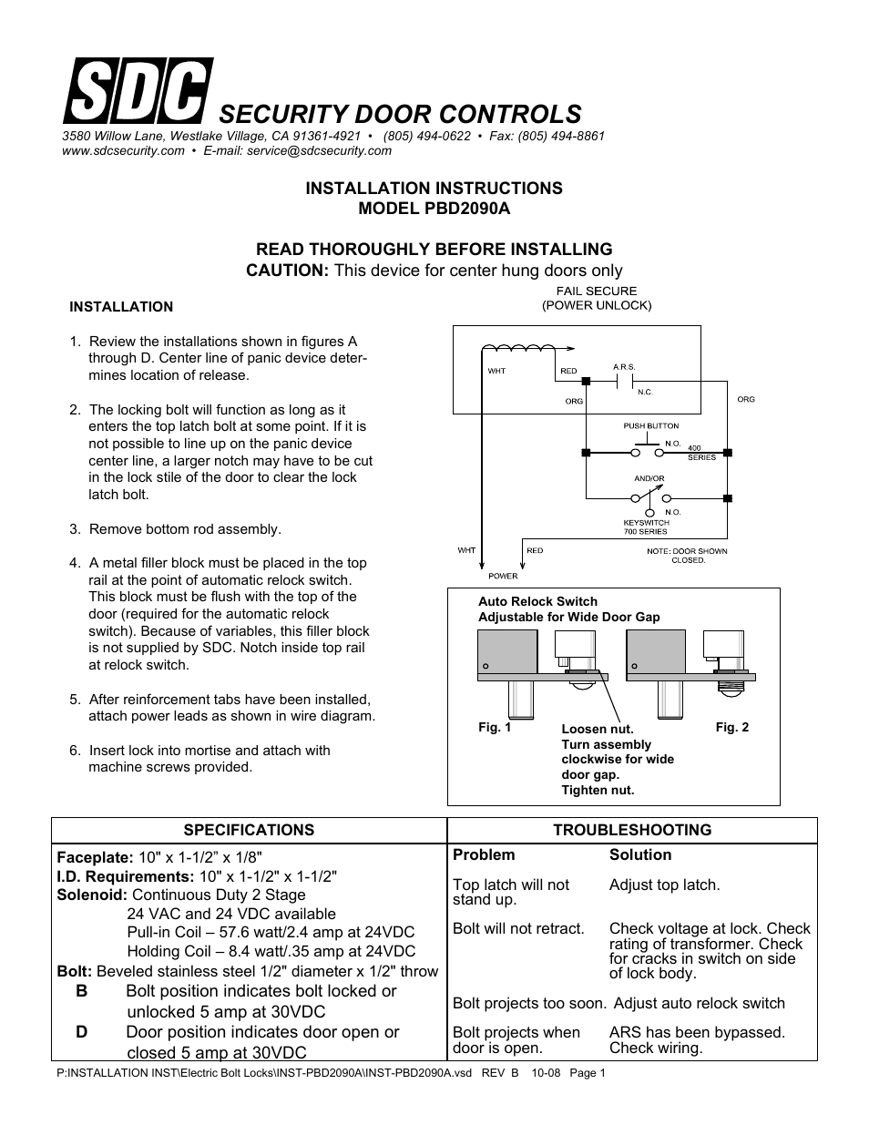 SDC PBD2090A Top Latch Release User Manual | 2 pages