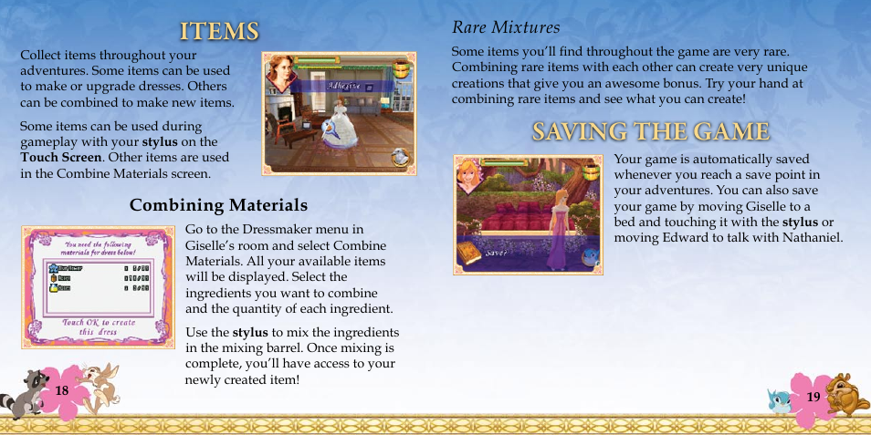 Saving the game items, Combining materials, Rare mixtures | Disney Interactive Studios Enchanted NTR-YECE-USA User Manual | Page 12 / 14