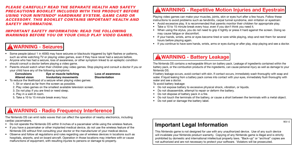 Important legal information, Warning - repetitive motion injuries and eyestrain, Warning - seizures | Disney Interactive Studios Enchanted NTR-YECE-USA User Manual | Page 2 / 14