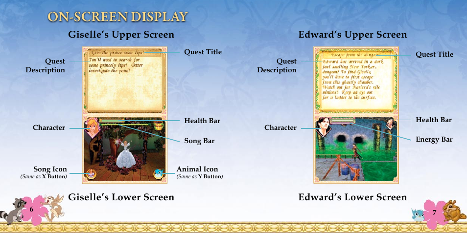 On-screen display, Edward’s upper screen edward’s lower screen, Giselle’s upper screen giselle’s lower screen | Disney Interactive Studios Enchanted NTR-YECE-USA User Manual | Page 6 / 14