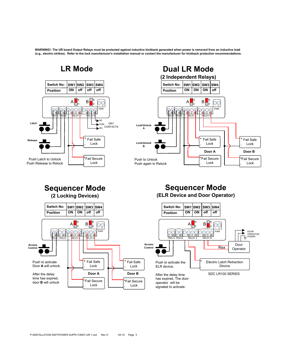 Sequencer mode, Lr mode, Dual lr mode | 2 locking devices), Elr device and door operator), 2 independent relays) | SDC UR-1 User Manual | Page 3 / 6