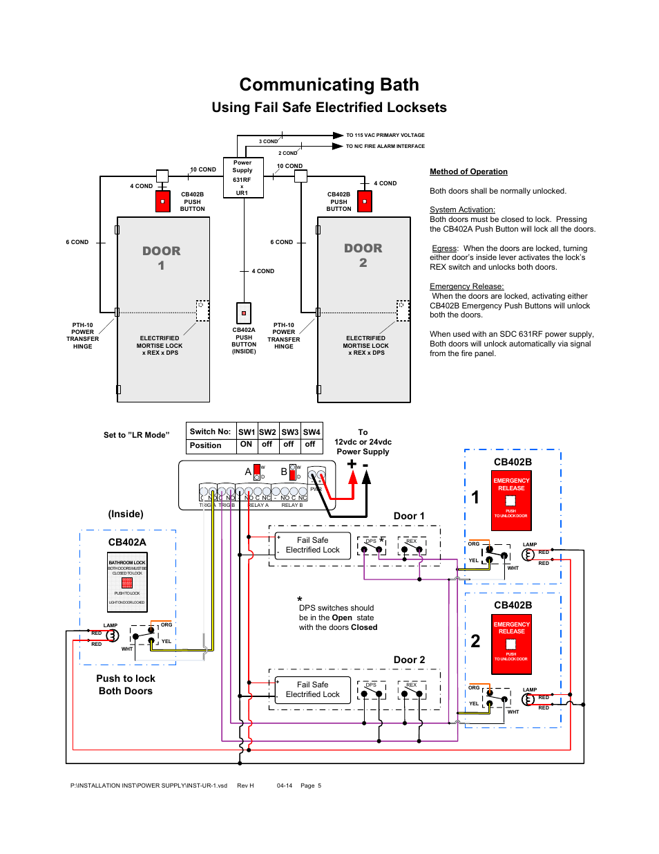 Communicating bath, Using fail safe electrified locksets, Door 1 door 2 | Cb402b, Cb402a, Door 1 door 2 push to lock both doors (inside) | SDC UR-1 User Manual | Page 5 / 6