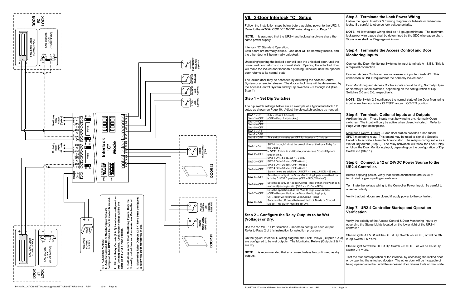 Vii. 2-door interlock “c” setup, Step 1 – set dip switches, Step 3. terminate the lock power wiring | Step 5. terminate optional inputs and outputs, Do o r # 2 l o c k, Do o r # 1 l o c k | SDC UR2-4 User Manual | Page 11 / 33