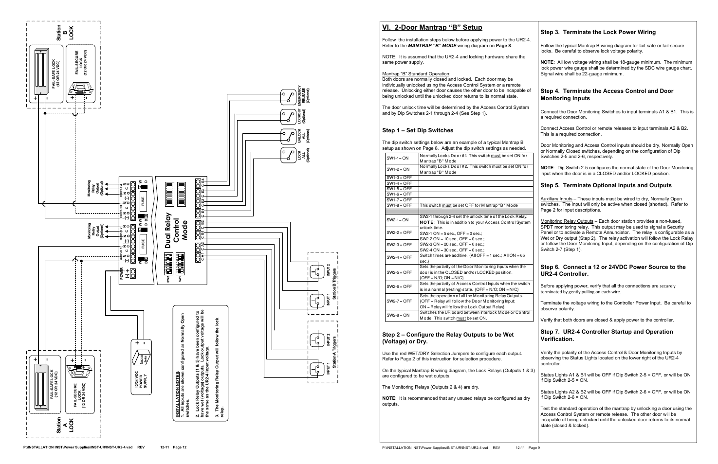 Vi. 2-door mantrap “b” setup, Step 1 – set dip switches, Step 3. terminate the lock power wiring | Step 5. terminate optional inputs and outputs | SDC UR2-4 User Manual | Page 12 / 33