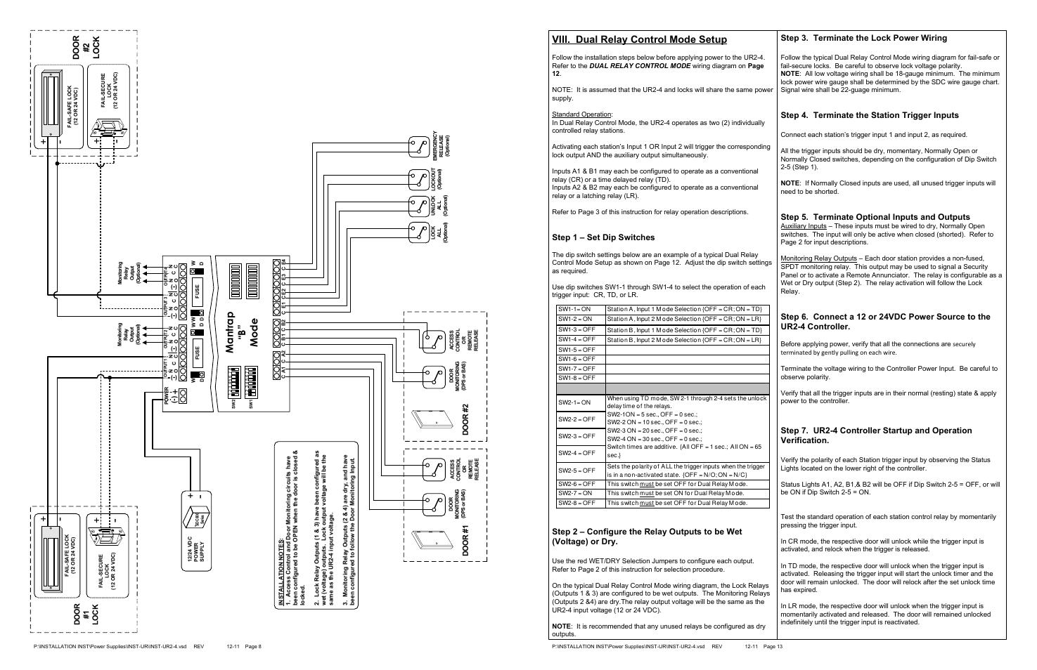 Ma n tr a p “ b ” m o d e, Viii. dual relay control mode setup, Do o r # 2 l o c k | Step 1 – set dip switches, Step 3. terminate the lock power wiring, Step 4. terminate the station trigger inputs, Step 5. terminate optional inputs and outputs, Do o r # 1 l o c k | SDC UR2-4 User Manual | Page 13 / 33