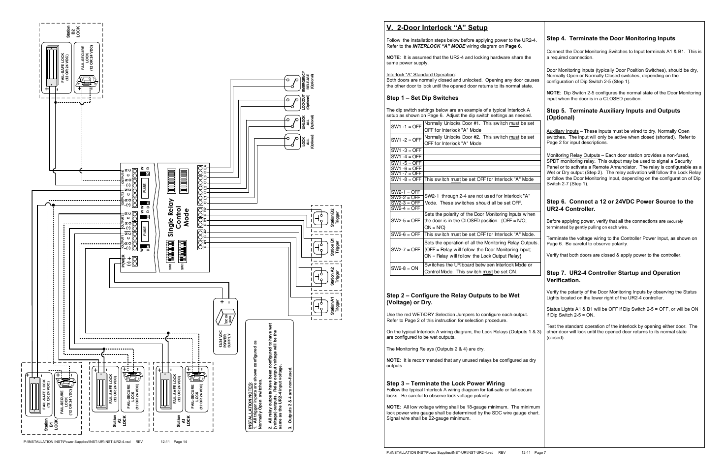 V. 2-door interlock “a” setup, Step 1 – set dip switches, Step 3 – terminate the lock power wiring | Step 4. terminate the door monitoring inputs | SDC UR2-4 User Manual | Page 14 / 33