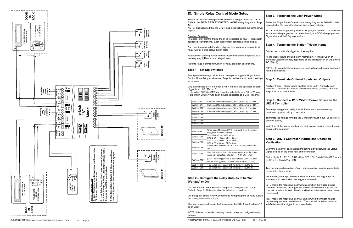 Ix. single relay control mode setup, Do o r # 2 l o c k, Step 1 – set dip switches | Step 3. terminate the lock power wiring, Step 4. terminate the station trigger inputs, Step 5. terminate optional inputs and outputs, Do o r # 1 l o c k | SDC UR2-4 User Manual | Page 15 / 33