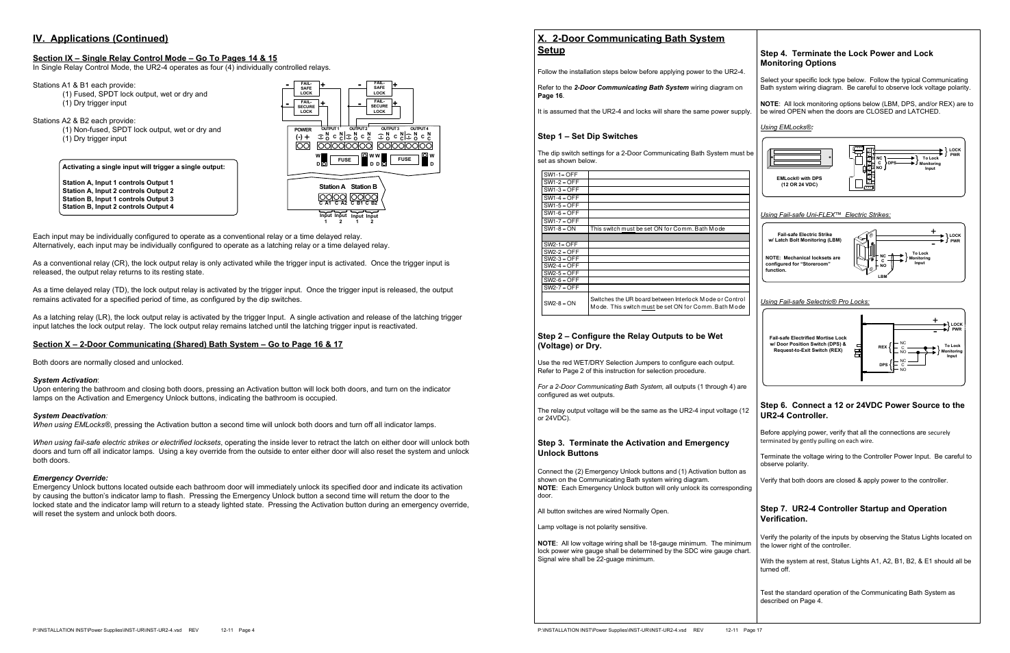 Iv. applications (continued), X. 2-door communicating bath system setup, Step 1 – set dip switches | SDC UR2-4 User Manual | Page 17 / 33