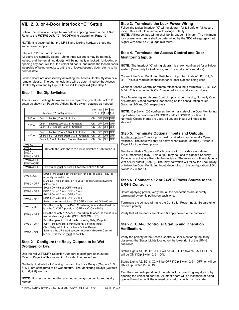 Vii. 2, 3, or 4-door interlock “c” setup, Step 1 – set dip switches, Step 3. terminate the lock power wiring | Step 5. terminate optional inputs and outputs | SDC UR2-4 User Manual | Page 26 / 33