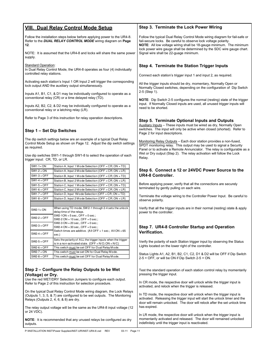 Viii. dual relay control mode setup, Step 1 – set dip switches, Step 3. terminate the lock power wiring | Step 4. terminate the station trigger inputs, Step 5. terminate optional inputs and outputs | SDC UR2-4 User Manual | Page 28 / 33