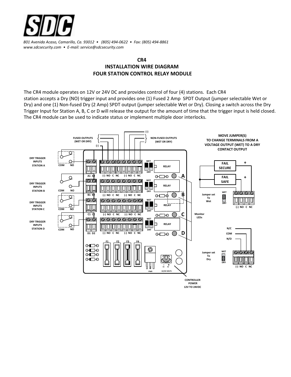 Cr4 4 sta control relay board, Security door controls, Ab c d | SDC FB4DC User Manual | Page 2 / 7