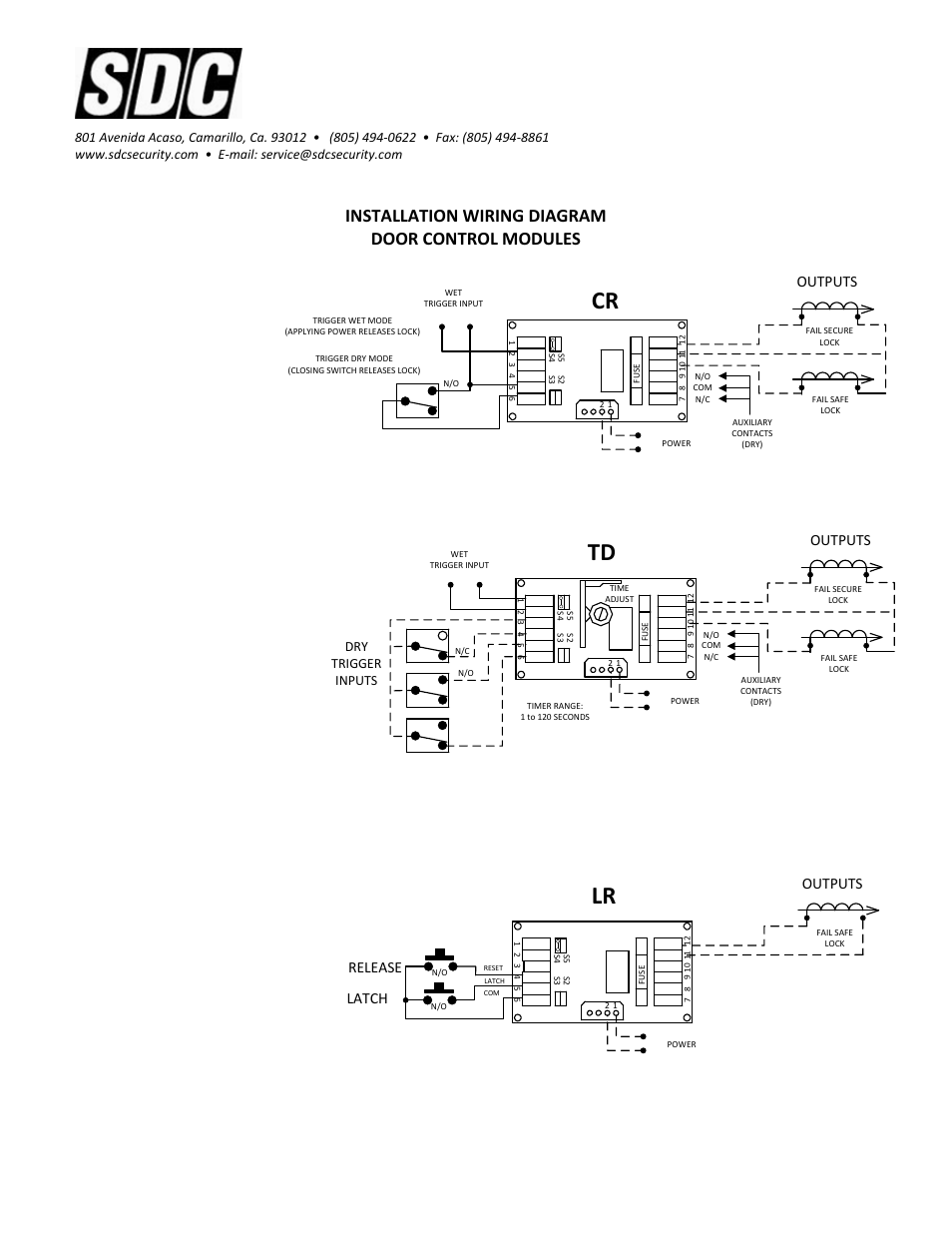 Cr-td,lr control modules, Security door controls, Installation wiring diagram door control modules | Latch outputs, Release, Outputs | SDC FB4DC User Manual | Page 3 / 7
