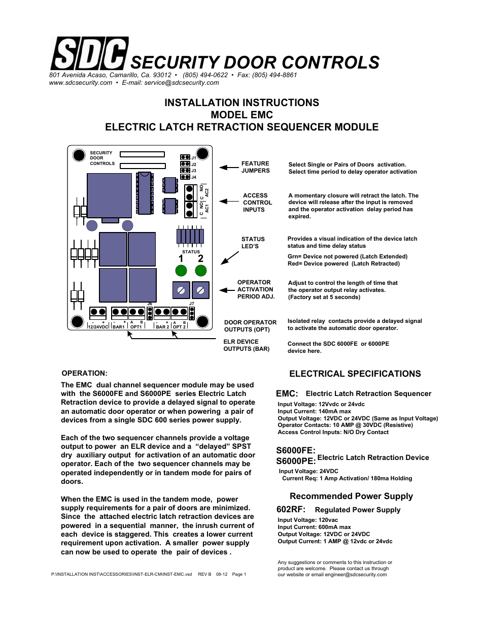 Security door controls, Recommended power supply electrical specifications | SDC FB4DC User Manual | Page 6 / 7