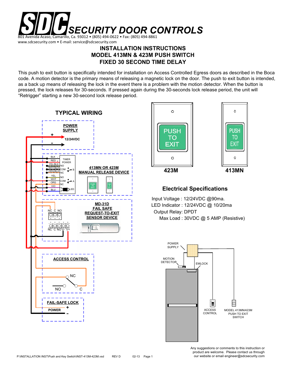 Security door controls, Typical wiring, Electrical specifications | SDC 420 SERIES PUSH SWITCH User Manual | Page 4 / 7