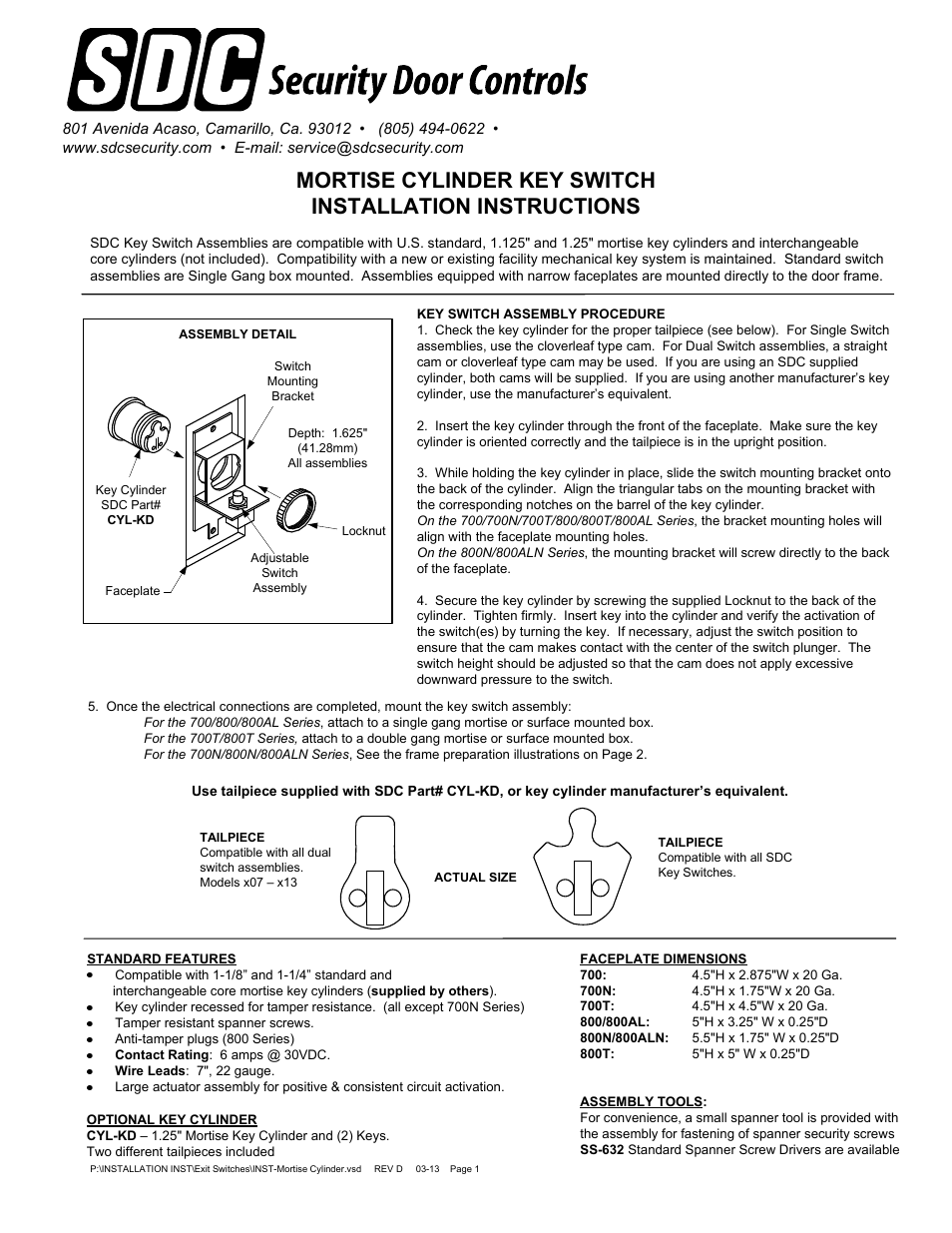 SDC 800 MORTISE CYLINDER KEY SWITCH User Manual | 2 pages