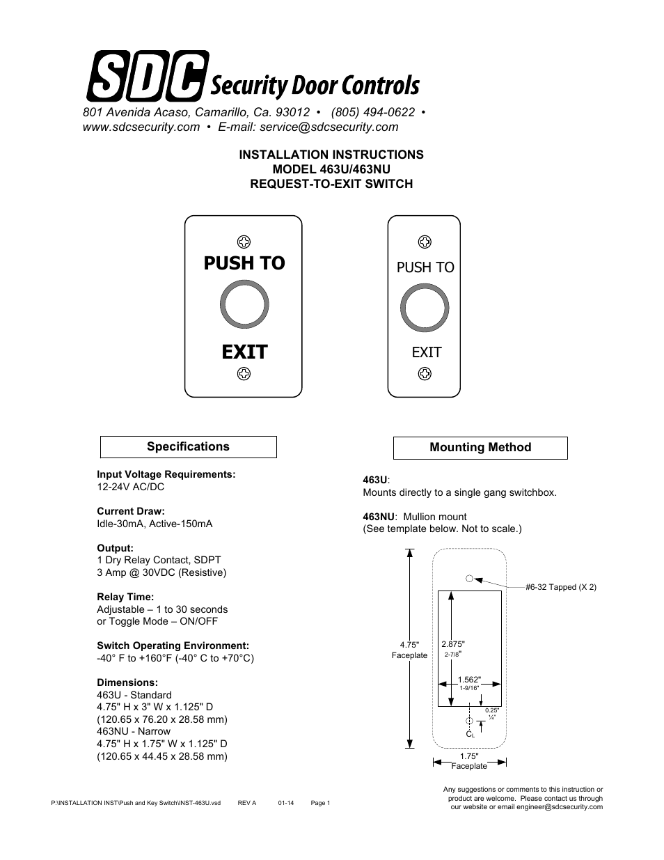 SDC 463U/463NU REQUEST-TO-EXIT SWITCH User Manual | 2 pages