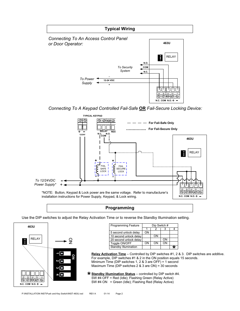 Programming typical wiring | SDC 463U/463NU REQUEST-TO-EXIT SWITCH User Manual | Page 2 / 2