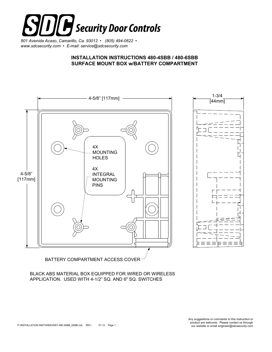 SDC 480-6SBB SURFACE MOUNT BOX w/BATTERY COMPARTMENT User Manual | 2 pages