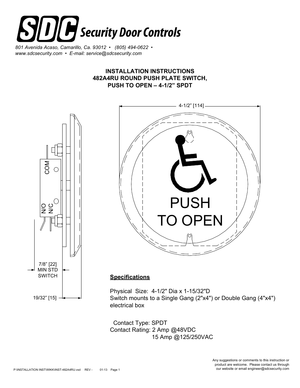 SDC 482A4RU ROUND PUSH PLATE SWITCH User Manual | 1 page