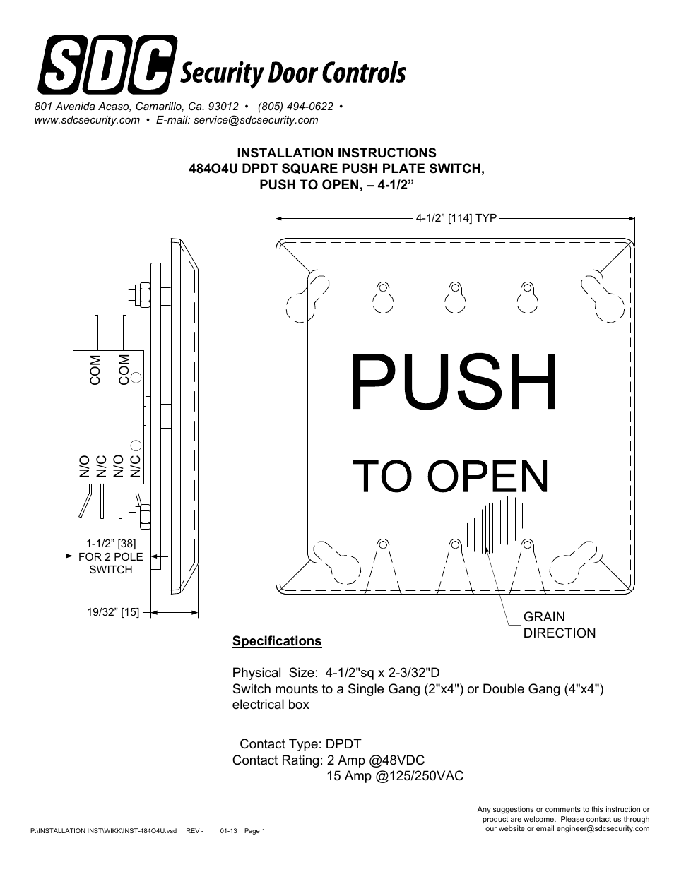 SDC 484O4U DPDT SQUARE PUSH PLATE SWITCH User Manual | 1 page